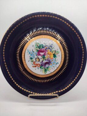 Vintage Porcelain Floral Decorative Plate 22K Gold Trim Cottage Regency Blue
